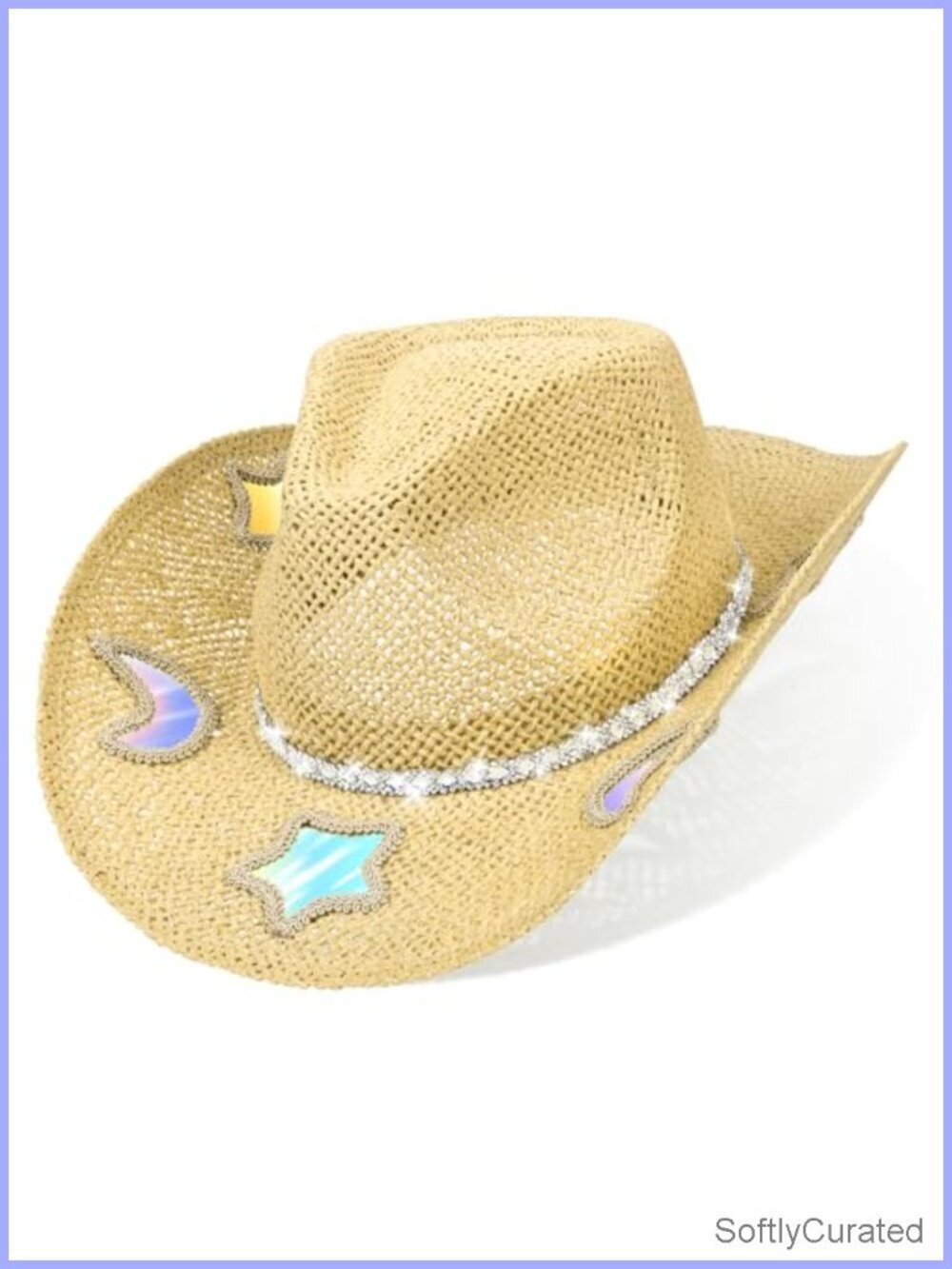 Straw Western Cowgirl Hat with Star and Moon Reflective Patches
